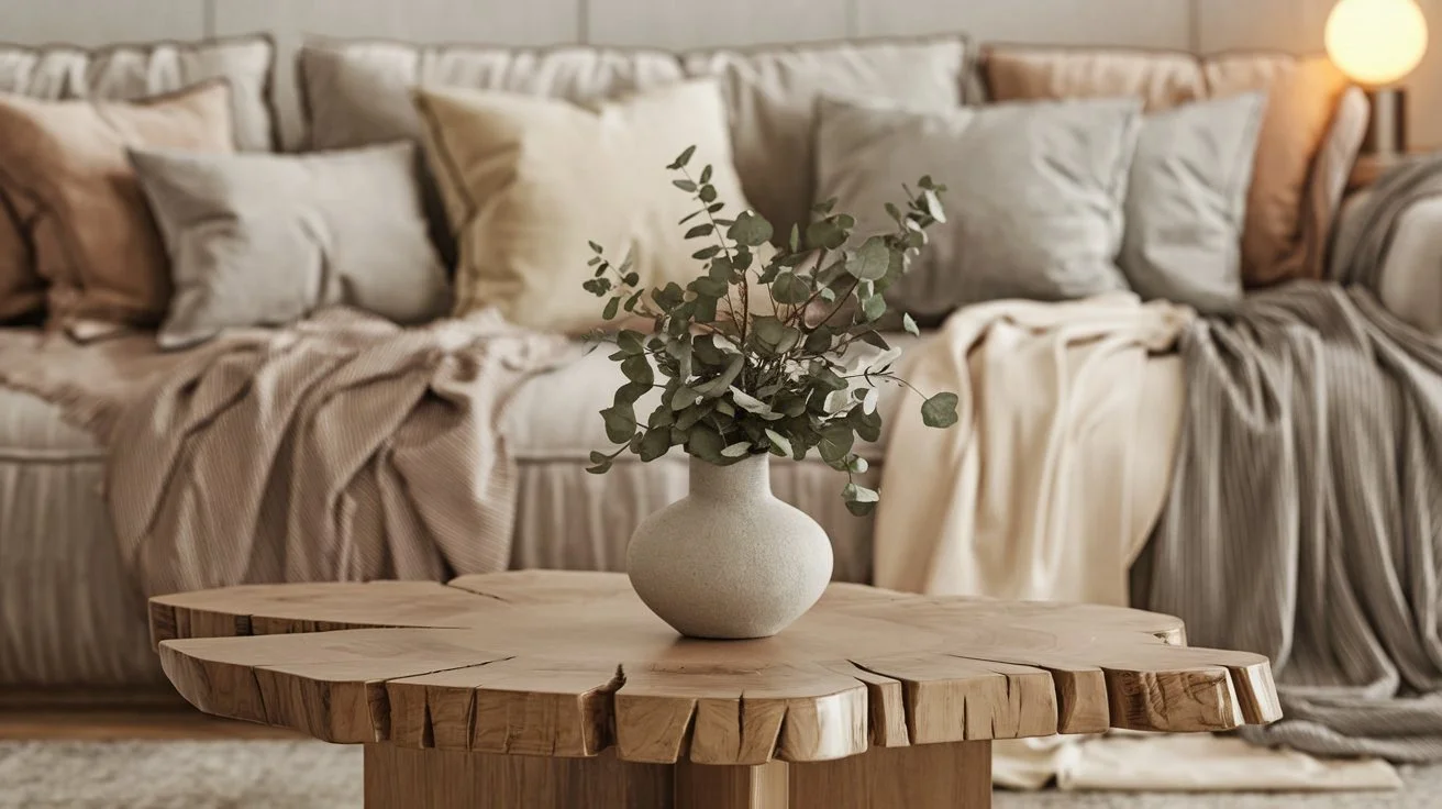 A serene linen-pillowed couch styled with a eucalyptus arrangement