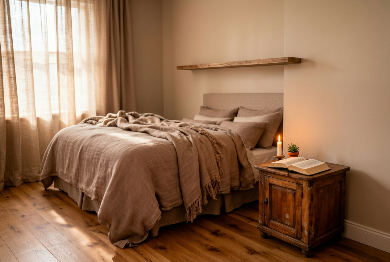 A calm, light-filled bedroom dressed in soft neutrals